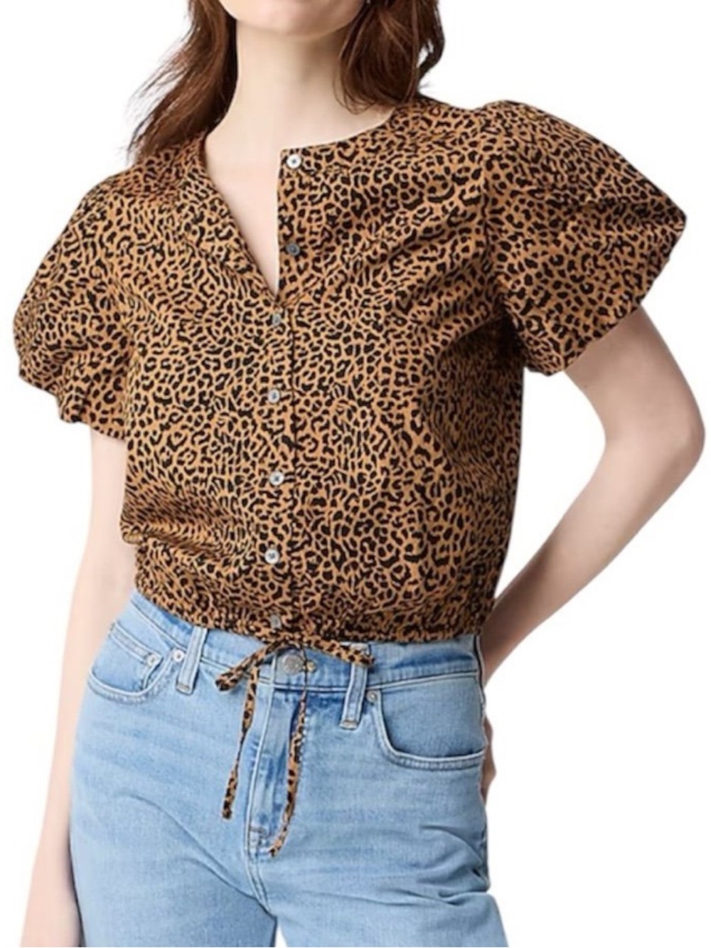 J. Crew Leopard-Print Short Puff Sleeve Button Front Top - Brown/Black